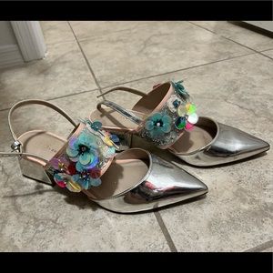 Flower Embroidered silver block heels